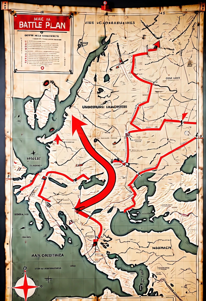 More than 40 years old，Develop a battle plan，underground combat headquarters，old map hanging on the wall，There are marching routes on the map，Marked with a red arrow on the map，There are coordinates on the map