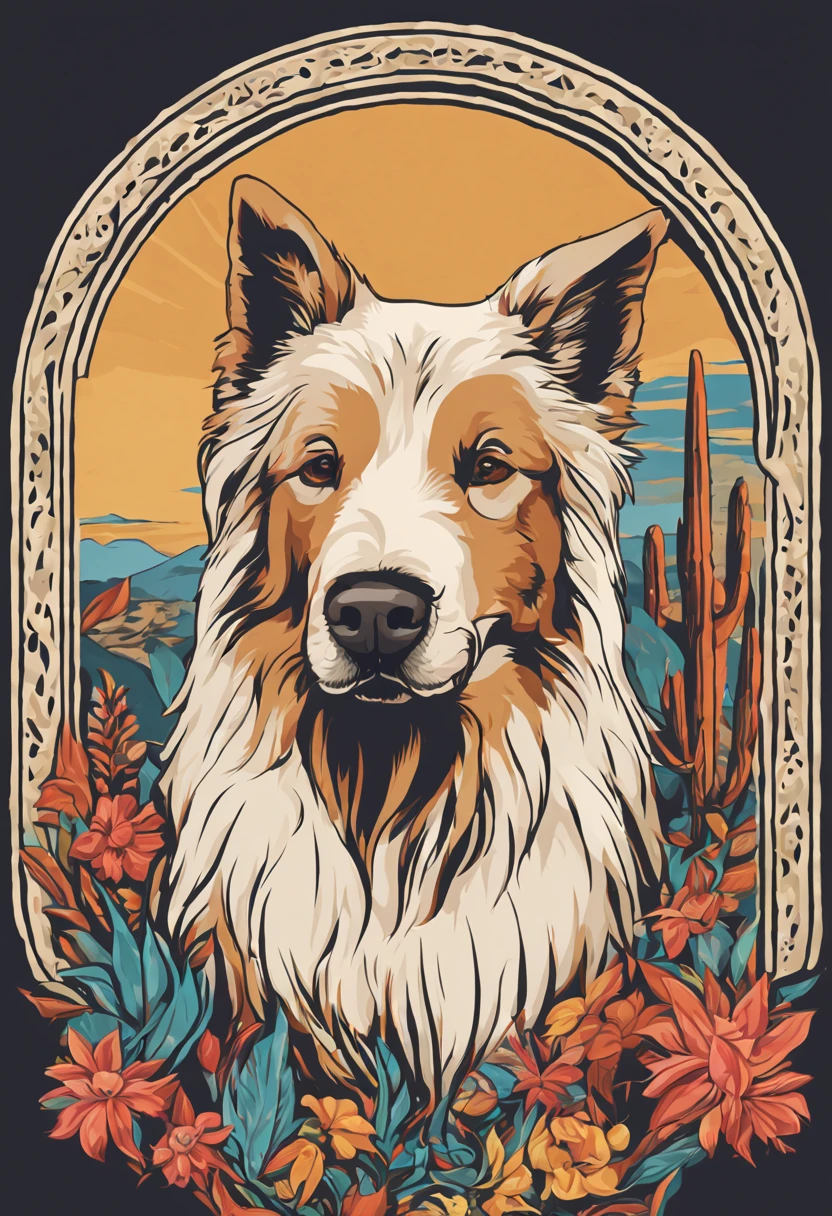 Plants and artistic details form a round frame to house the dog in the center, Popart, streetart, isolated vector-art t-shirt design of a Tibetan Mastiff Dog wearing luxurious chain on its neck
, look at the desert with curiosity and wonder. White Collie dog or bitch should be portrayed with a sense of admiration and fascination, cercado pelas maravilhas da natureza. Use cores suaves e sonhadoras para criar uma atmosfera extravagante e encantadora. The design should evoke a sense of wandering desire and encourage viewers to embrace their own adventurous spirit, isolado, Sem antecedentes, no estilo 0mib