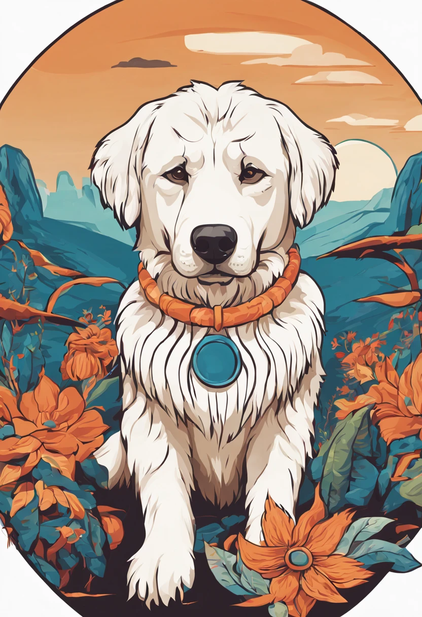 Plants and artistic details form a round frame to house the dog in the center, Popart, streetart, isolated vector-art t-shirt design of a Tibetan Mastiff Dog wearing luxurious chain on its neck
, look at the desert with curiosity and wonder. White Collie dog or bitch should be portrayed with a sense of admiration and fascination, cercado pelas maravilhas da natureza. Use cores suaves e sonhadoras para criar uma atmosfera extravagante e encantadora. The design should evoke a sense of wandering desire and encourage viewers to embrace their own adventurous spirit, isolado, Sem antecedentes, no estilo 0mib