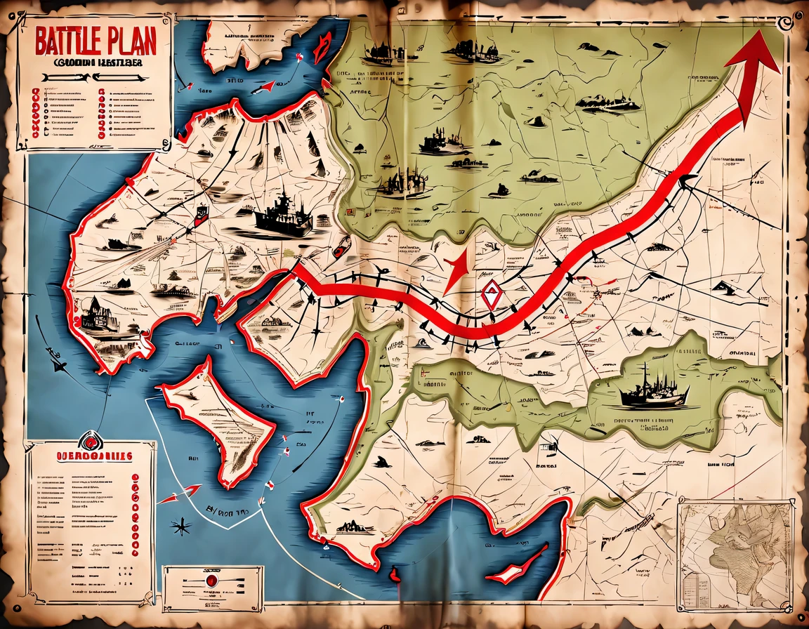 More than 40 years old,Develop a battle plan,underground combat headquarters,old map hanging on the wall,There are marching routes on the map,Marked with a red arrow on the map,There are coordinates on the map