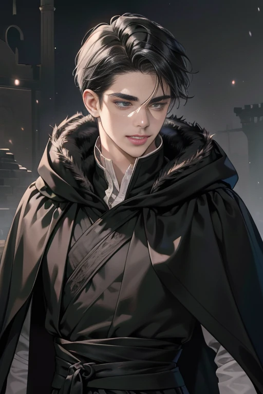 masterpiece, highest quality, realistic, 1 man, mature men, Quiet and charming young man, 25 years old, grin, closed mouth, portrait, highly detailed face, 寒さとgrin, ((dark gray eyes)), ((short right swept black hair)), [thick eyebrows], Dark palace, ((Long black cloak)), ((All Black)), (dark gray eyes)