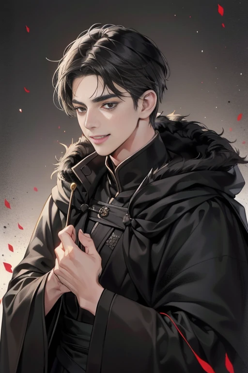 masterpiece, highest quality, realistic, 1 man, mature men, Quiet and charming young man, 25 years old, grin, closed mouth, portrait, highly detailed face, 寒さとgrin, ((dark gray eyes)), ((short right swept black hair)), [thick eyebrows], Dark palace, ((Long black cloak)), ((All Black)), (dark gray eyes)
