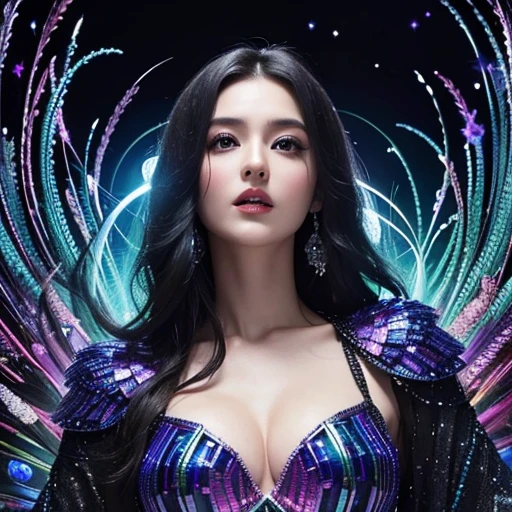 The image features a hyperrealist detailed liquid rainbow glittering peacock full-bodied peacock made up of liquid diamond and gothic purple tiles against a black cracked hole in the wall shaped like her form with liquid iridescent rainbow fire jagged edges background.The face is surrounded by a circular burst of light, with the center of the burst being bright liquid iridescentdiamond, tiles are of various shapes and sizes, creating a dynamic and lively effect.
