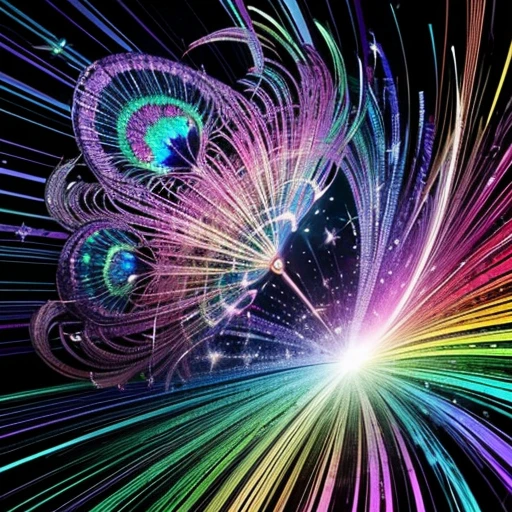 The image features a hyperrealist detailed liquid rainbow glittering peacock full-bodied peacock made up of liquid diamond and gothic purple tiles against a black cracked hole in the wall shaped like her form with liquid iridescent rainbow fire jagged edges background.The face is surrounded by a circular burst of light, with the center of the burst being bright liquid iridescentdiamond, tiles are of various shapes and sizes, creating a dynamic and lively effect.