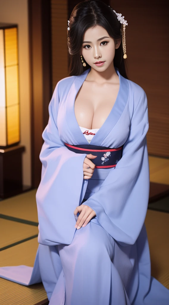 yukata, japan, 1girl, 20 years old, open chest, cleavage, (busts:1.2), beautiful face, masterpiece, best quality, photorealistic, dramatic lighting, raw photo, ultra realistic details, sharp focus, detailed skin, not wear underwear