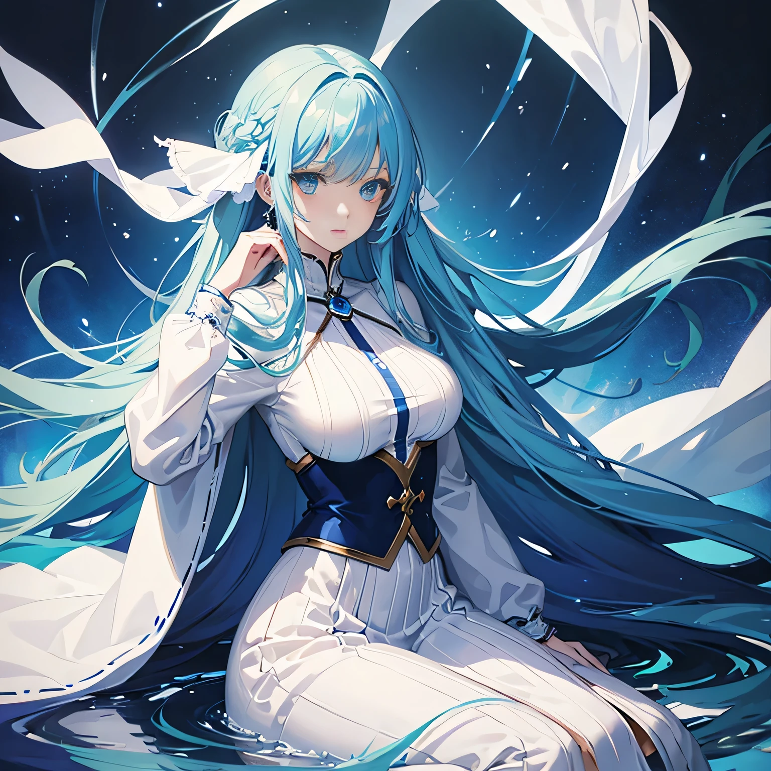 anime, young woman, alone, long hair, blue hair, blue eyes, model, beautiful, Half Body Portrait, fantasy, ice , big breasts , white cardigan