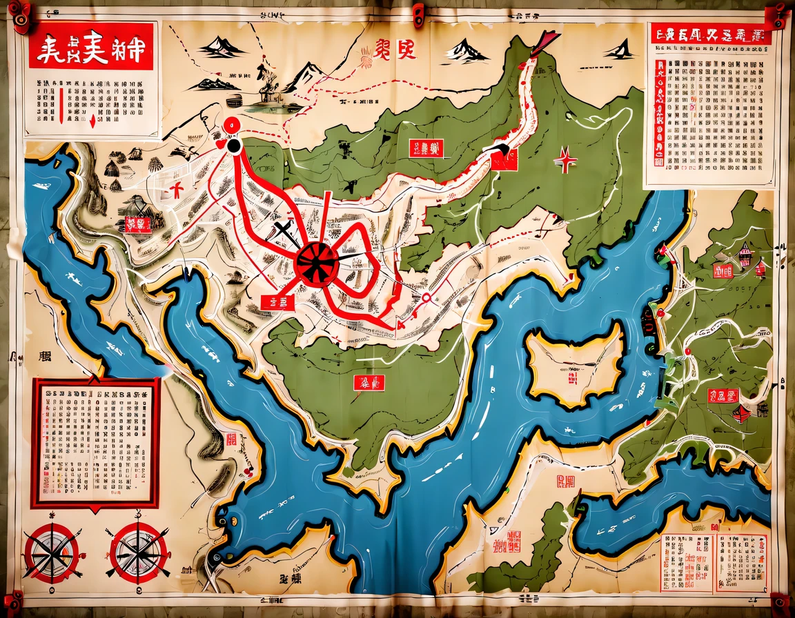 More than 40 years old，Develop a battle plan，underground combat headquarters，old map hanging on the wall，There are marching routes on the map，Marked with a red arrow on the map，There are coordinates on the map，女军官在Develop a battle plan