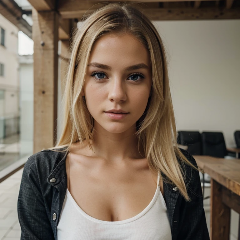 Girl whit blonde hair perfect and detailed face,whit  and a black top whit jeans