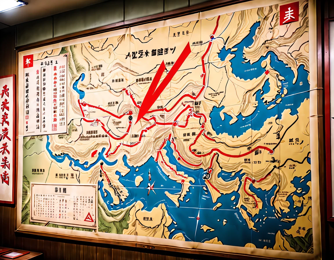 More than 40 years old,Develop a battle plan,underground combat headquarters,old map hanging on the wall,There are marching routes on the map,Marked with a red arrow on the map,There are coordinates on the map,女军官在Develop a battle plan