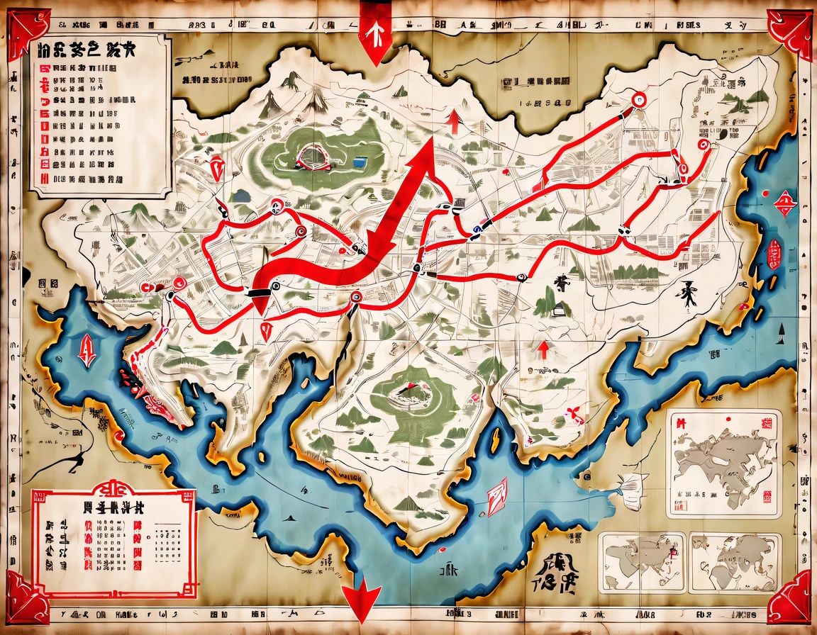 More than 40 years old，Develop a battle plan，underground combat headquarters，old map hanging on the wall，There are marching routes on the map，Marked with a red arrow on the map，There are coordinates on the map，女军官在Develop a battle plan