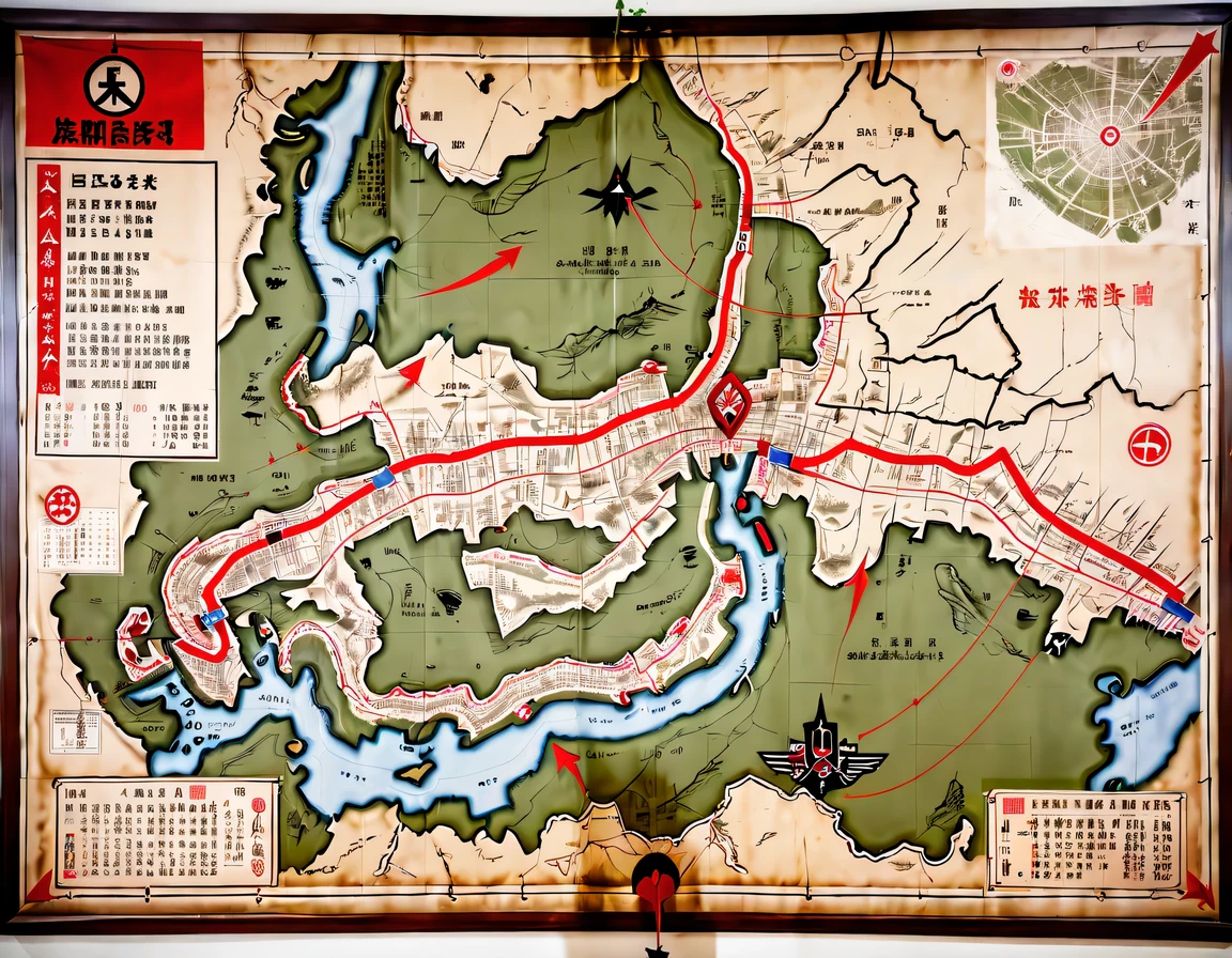 More than 40 years old,Develop a battle plan,underground combat headquarters,old map hanging on the wall,There are marching routes on the map,Marked with a red arrow on the map,There are coordinates on the map,女军官在Develop a battle plan