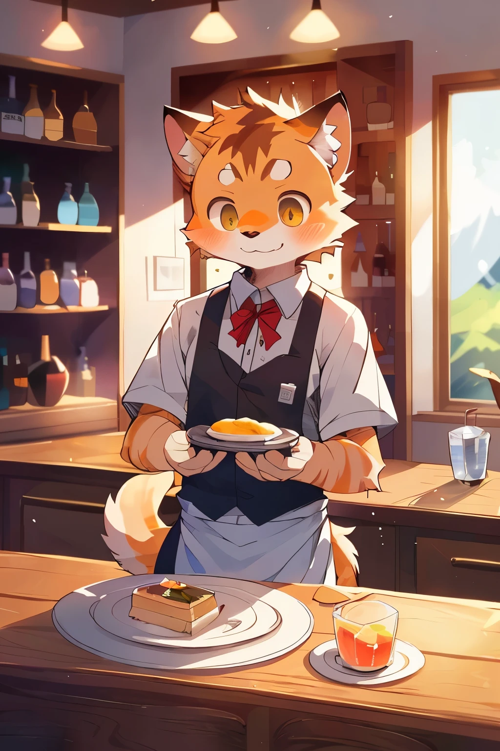 (masterpiece), best quality, perfect face, 2 topless furry shota fox boys, blushed, topless, apron, serving, navel, lined up, café, innocent boy, ribbons, bow tie, restaurant, tugging own apron, furry boys café, fat, ass