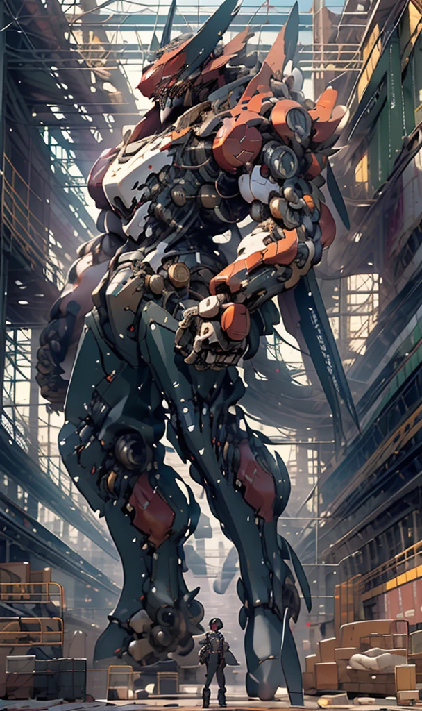 (best quality,8k,official art,painting:1.2),extremely detailed CG masterpiece,absurd,dark_ fantasy,((dieselpunk)),(mechanical album cover,full-body girl,red:1.1),1 person,extremely detailed mechanical marvel,robotic presence,cybernetic guardian,wearing tattered red exoskeleton, (steel metal [rusty]),elegant,sharp focus,Gregory Rytkovsky photography,soft lighting,vibrant colors,masterpiece,((street)),cowboy shooting,dynamic pose