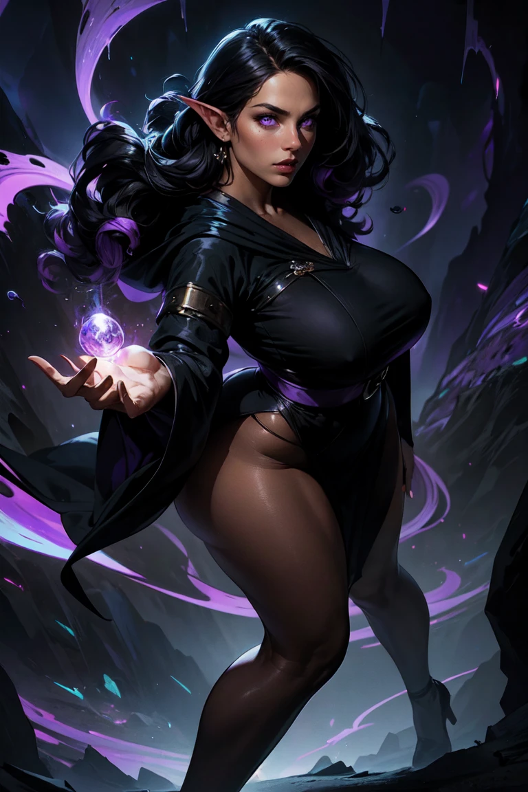(masterpiece, best quality, perfect face, beautiful and aesthetic:1.2, dynamic angle, highest detailed face), (beautiful female dark elf witch, long messy hair, (black hair:1.3), purple eyes, huge breasts, narrow waist, perfect fit body), shapely butt, (thicc tights:1.1), (flawless chocolate skin:1.8, dark skin:1.4), (inside dark desolated cave), (dark purple theme:1.2), glowing, (purple aura:1.2), (purple magic energy swirling around:1.4), floating hair, telekinesis, purple energy magic swirling around), (extremely detailed eyes), detailed skin, skin pores, ((very revealing black robes)), enchanting gaze, full body portrait, cinematic lighting, darkness, dark scene, (dim light), mute lighting, dimly lit, looking at viewer, seductive pose:1.4, full shot, (solo:1.4), (high quality, CG, 4k, extremely detailed, hyper realism, dramatic light, sharp, HDR)