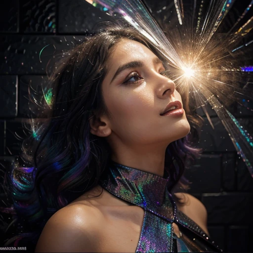 The image features a hyperrealist detailed liquid rainbow glittering peacock full-bodied peacock made up of liquid diamond and gothic purple tiles against a black cracked hole in the wall shaped like her form with liquid iridescent rainbow fire jagged edges background.The face is surrounded by a circular burst of light, with the center of the burst being bright liquid iridescentdiamond, tiles are of various shapes and sizes, creating a dynamic and lively effect.