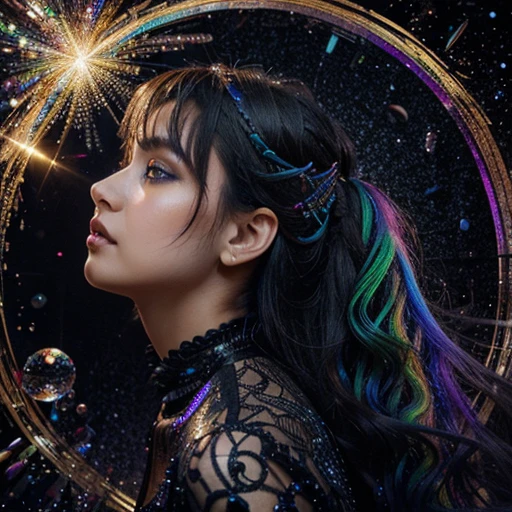 The image features a hyperrealist detailed liquid rainbow glittering peacock full-bodied peacock made up of liquid diamond and gothic purple tiles against a black cracked hole in the wall shaped like her form with liquid iridescent rainbow fire jagged edges background.The face is surrounded by a circular burst of light, with the center of the burst being bright liquid iridescentdiamond, tiles are of various shapes and sizes, creating a dynamic and lively effect.
