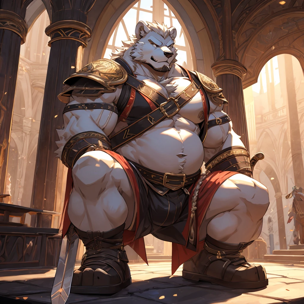 Aix:detailed sword,Detailed hands,Detailed hands指,Detailed face,Strong chubby furry male white wolf bear,Detailed RPG background,white hair,Blackbeard,huge and powerful arms,Huge and strong chest muscles,huge and powerful belly,convex,shorts,Ragged clothes,Kneel down on one knee,Glaring ahead,super detailed,intricate details,Sunlight,Gladiatorial arena background,(best quality,4K,8k,high resolution,masterpiece:1.2),ultra-de oba ed,actual:1.37,HD R,UHD,studio lighting,extreme detaildescription,professional,bright colors,Bokeh,The atmosphere is lively, natural lighting