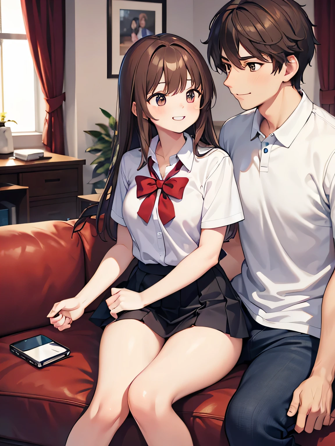 (1) A male and female couple are sitting on a sofa.
(2) That woman is a high school girl, She has brown hair and wears a high school uniform with a miniskirt..
(3) the man wears normal clothes.
(4) both are laughing.
(5) The location is the sofa in the living room of the apartment..
(6) The composition must be drawn from the front.