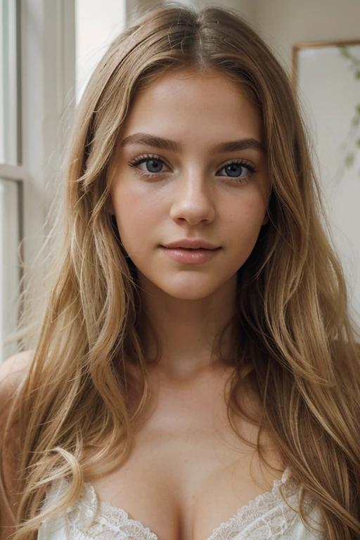 (best quality,8k,ultra-detailed,masterpiece:1.2),beautiful and aesthetic,hyperrealism,photography, portraits, teenager, beautiful detailed eyes, long blonde hair, timid smiling, grey eyes, natural lighting, soft colors, subtle shadows, delicate facial features, flawless skin, gentle expression, dreamy atmosphere, ethereal beauty, crisp focus, high fidelity, stunning clarity, captivating gaze, serene and graceful, angelic charm, room Beautiful.