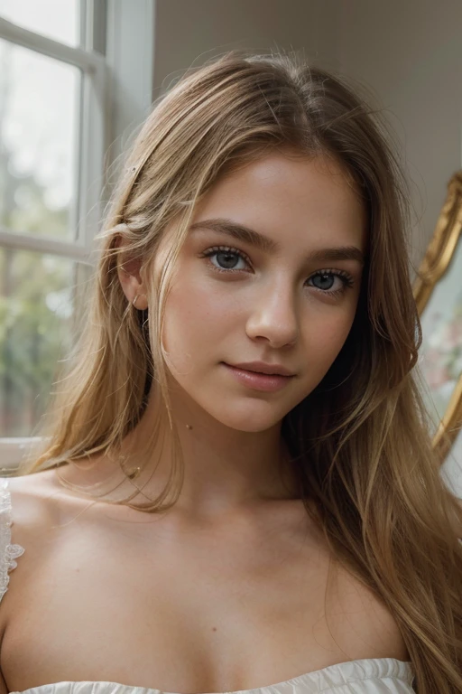 (best quality,8k,ultra-detailed,masterpiece:1.2),beautiful and aesthetic,hyperrealism,photography, portraits, teenager, beautiful detailed eyes, long blonde hair, timid smiling, grey eyes, natural lighting, soft colors, subtle shadows, delicate facial features, flawless skin, gentle expression, dreamy atmosphere, ethereal beauty, crisp focus, high fidelity, stunning clarity, captivating gaze, serene and graceful, angelic charm, room Beautiful.