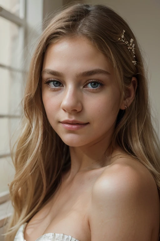 (best quality,8k,ultra-detailed,masterpiece:1.2),beautiful and aesthetic,hyperrealism,photography, portraits, teenager, beautiful detailed eyes, long blonde hair, timid smiling, grey eyes, natural lighting, soft colors, subtle shadows, delicate facial features, flawless skin, gentle expression, dreamy atmosphere, ethereal beauty, crisp focus, high fidelity, stunning clarity, captivating gaze, serene and graceful, angelic charm, room Beautiful.