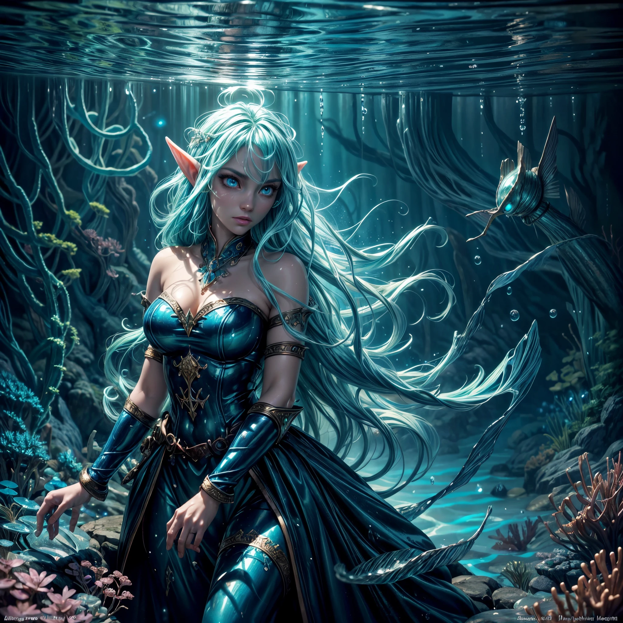 high details, best quality, 16k, [ultra detailed], masterpiece, best quality, (extremely detailed), dynamic angle, ultra wide shot, RAW, photorealistic, fantasy art, dnd art, rpg art, realistic art, an ultra wide picture of a sea elf (1.5 intricate details, Masterpiece, best quality) water mage casting ((water control spell)), water wizard ((water magic, intense magic details)), ((controlling a swirling mass of water)), magical symbols GlowingRunes_pink, female sea elf, blue skin, green hair, long hair, swirling hair, intense eyes, small pointed ears, ((blue eyes)), ((glowing eyes)), armed with magical wand, wearing sea shell clothing, beautiful elf, underwater background, rich underwater life, ((magical atmosphere)), fish and sea weeds, high details, best quality, highres, ultra wide angle