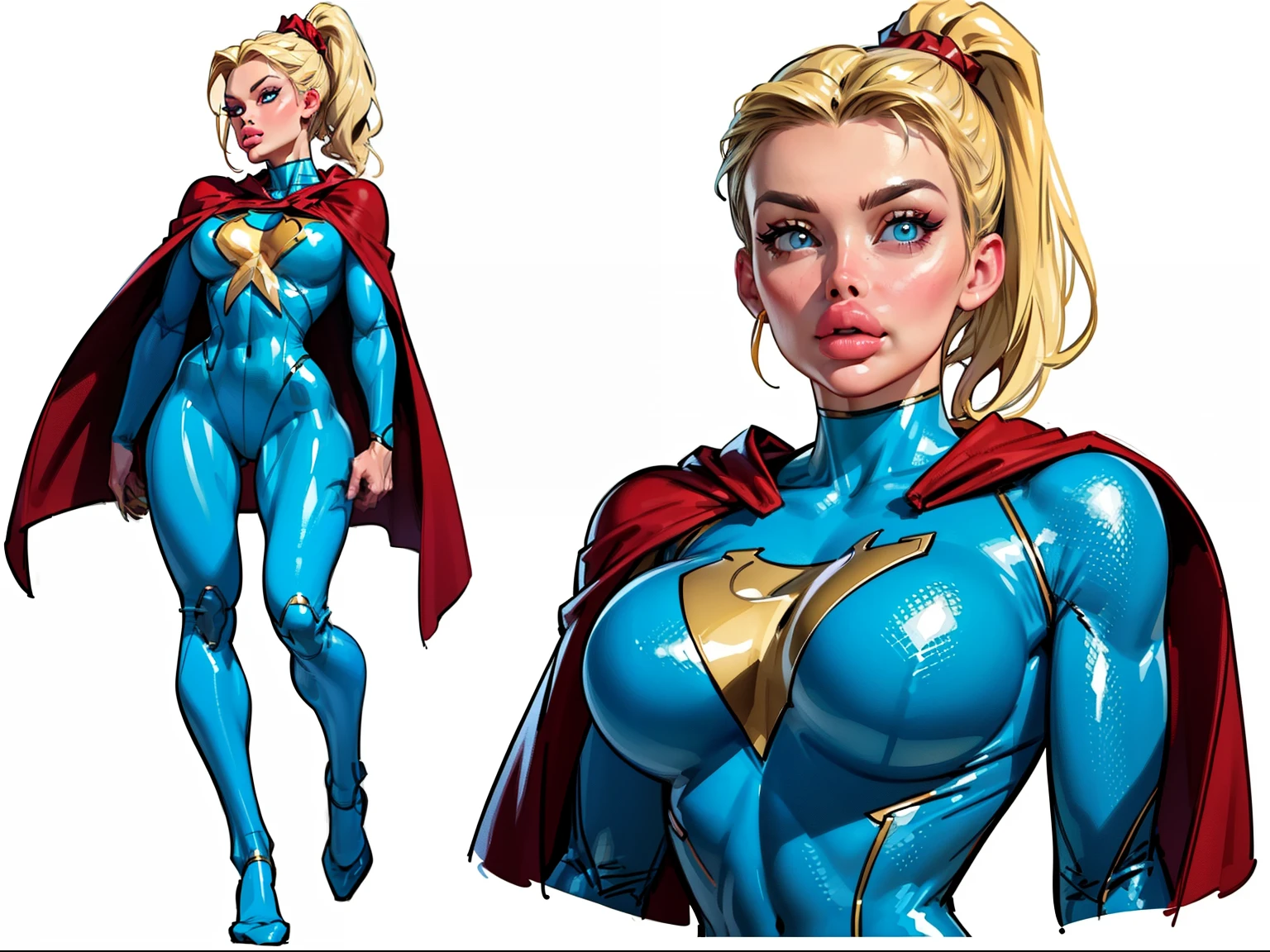 ((masterpiece)),(((best quality))),((character design sheet)), ((full body view)) illustration,1girl, muscular, ((blue bodysuit:1.5)), superhero, (blonde ponytail:1.4), (red cape:1.4) ((detailed face:1.4)) ((slendered abs)), beautiful woman, (red thighhighs:1.3)shiny skin, (gold emblem on chest:1.2),scribbles and marks, (puffy lips:1.5), rough sketches, pose, 8k,16k, (simple background, white background: 1.3)