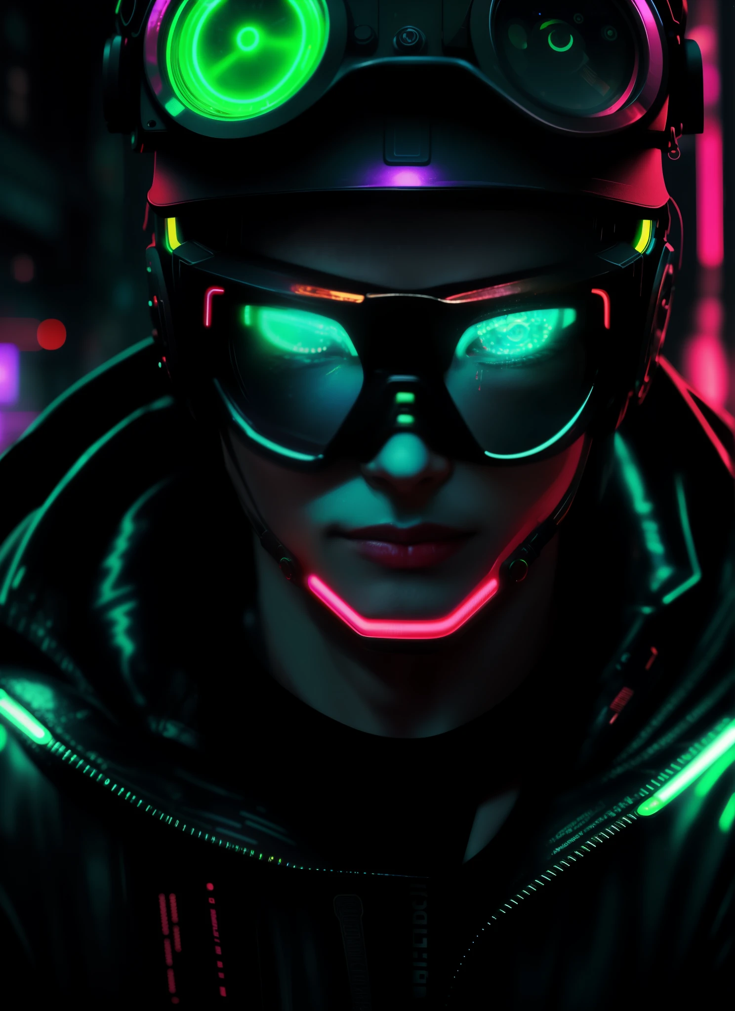in the rain、Award-winning masterpiece of a psychedelic-colored cyborg man on a nighttime street, Wearing neon colored glowing goggles, 8K, (high quality:1.1), (cinematic feel:1.1), dark deep shadow, incredibly intricate details, art , (Close-up:1.1), From above, looking at the viewer, (shine of light:1.1), (chromatic aberration,:1.2) background with floating light artifacts