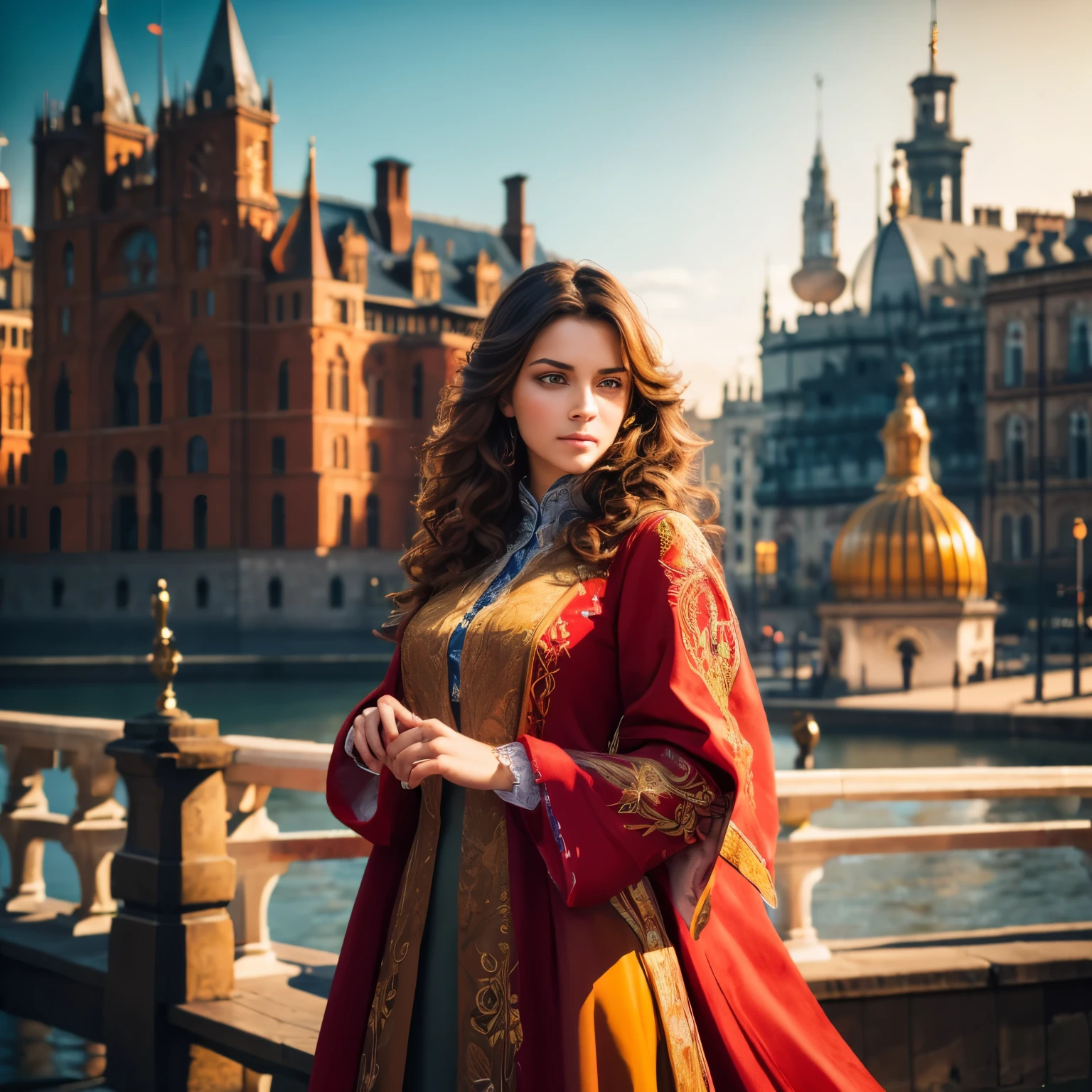 Model Colorful v8.0 a very beautiful girl ((solo)) with brown curly hair!!!!! dressed in a red Gothic coat with embroidery!!!!!! you can see the embroidery in the form of a golden wolf on the coat and sleeves!!!!!!!!!! he stands against the background of the morning city, frontal light,....3d / Photorealism / ,High resolution,masterpiece:1.2),over-detailed,(realistic,photorealistic,photorealistic:1.37),,Abundance of colors, bright colors, high detail, soft lighting, inspired by the author: Marta Dalig,