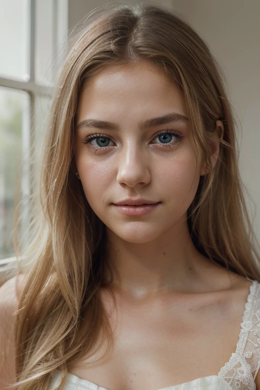 (best quality,8k,ultra-detailed,masterpiece:1.2),beautiful and aesthetic,hyperrealism,photography, portraits, teenager, beautiful detailed eyes, long blonde hair, timid smiling, grey eyes, natural lighting, soft colors, subtle shadows, delicate facial features, flawless skin, gentle expression, dreamy atmosphere, ethereal beauty, crisp focus, high fidelity, stunning clarity, captivating gaze, serene and graceful, angelic charm, room Beautiful, tears.