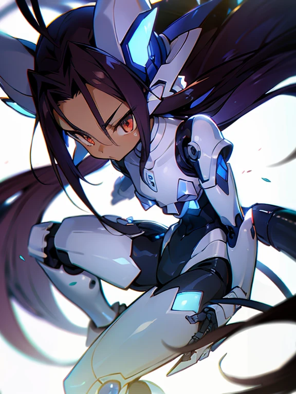 Masterpiece, best quality, highres, amazing quality, devouring the starry sky, tenchi muyo, (mega mewtwo y), flat chested, (male), (8  boy), (shota), (Dark skin), cute, red eyes, very long dark brown hair, blue gem on forehead, white mecha musume armour, white exosuit armour, black powersuit, white mecha armour legging, mecha funnel bits, badass, cool, shounen, close up, adorable, clean