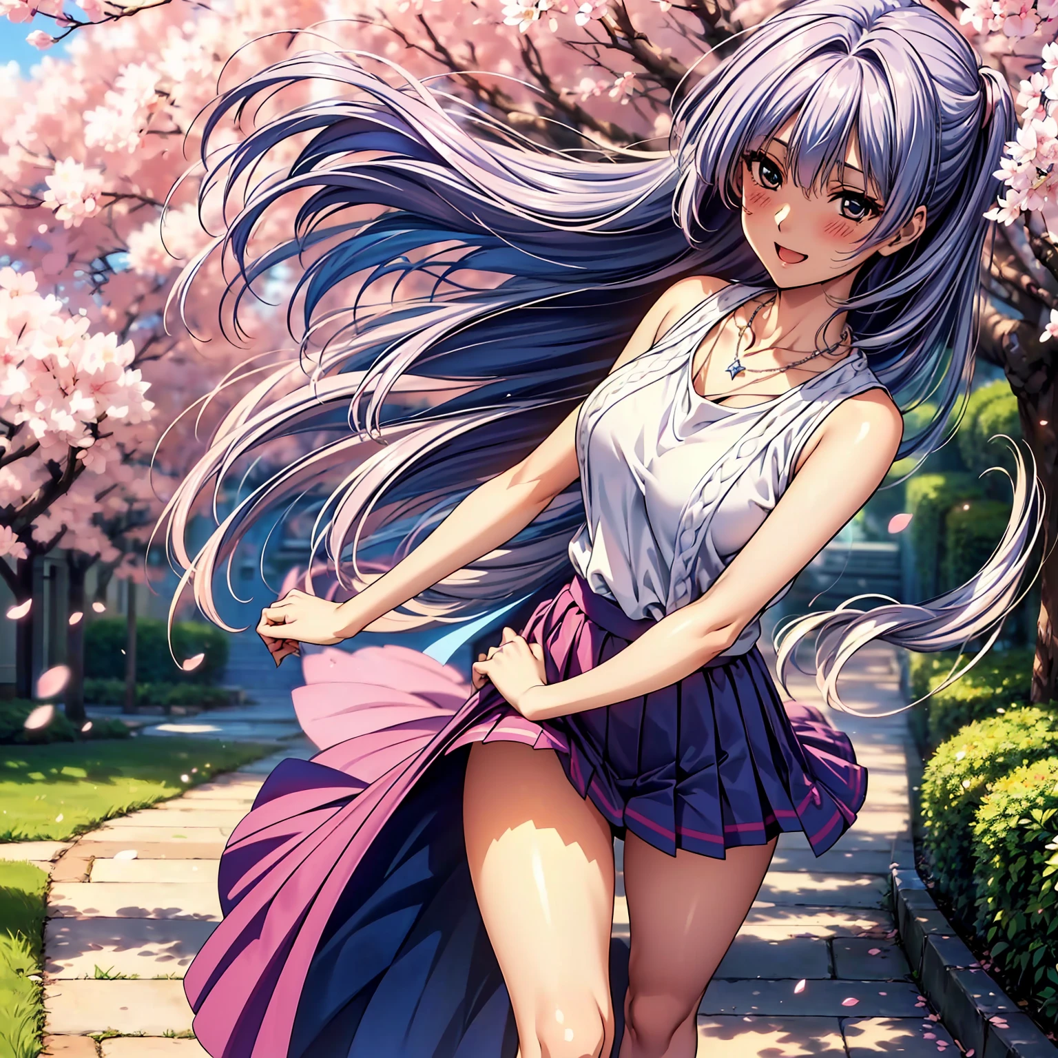 (((highest quality,masterpiece,very high resolution,Super high quality,perfect pixel))), (((Exquisite beauty:1 person,perfect body,Beautiful face is detailed, blush、cute face、beautiful outline、smile, open your mouth))),((long hair, neat bangs, beautiful hair texture)),((Beautiful slit eyes,beautiful eyes,strong-willed eyes, beautiful eyelashes, realistic eyes)), ((beautiful breasts,beautiful feet)),((Sleeveless knitwear:color and pattern,pleated skirt:pattern and color, 1 diamond necklace,Clothing that exposes the shoulders,Clothing that exposes the thighs,Excellent fashion sense)),(realistic skin texture,realistic texture:,RAW photo,Anime CG style, Bright colors), (standing posture,dynamic angle,model pose, model shoot), (garden,Cherry blossom tree-lined path, Cherry tree, Cherry blossoms fall,the wind is blowing),beautiful anime woman, beautiful art style, anime character、Overall image、detailed images、accurate anatomy、Image without defects、natural soft light、beautiful images、非常にdetailed images、(Best Shot 1.5)