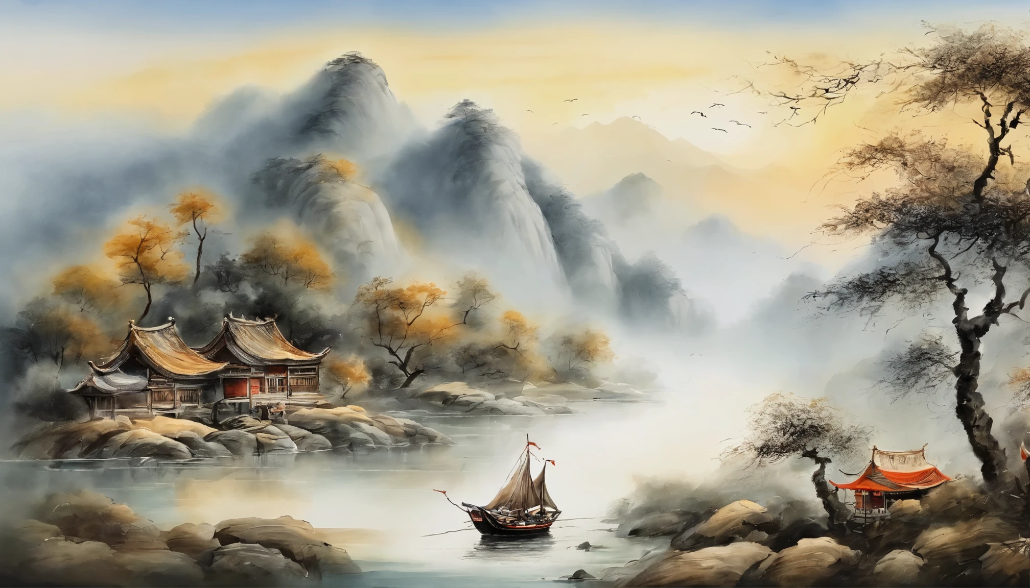 Chinese landscape painting,ink and watercolor painting,water ink,ink,Smudge,Faraway view,Ultra-wide viewing angle,Meticulous,Light boat in the distance,Faraway view,Meticulous,Smudge,low-saturation,Low contrast,The light boat has crossed the Ten Thousand Heavy Mountains,Beautifully depicted,A detailed,acurate,Works of masters,tmasterpiece
