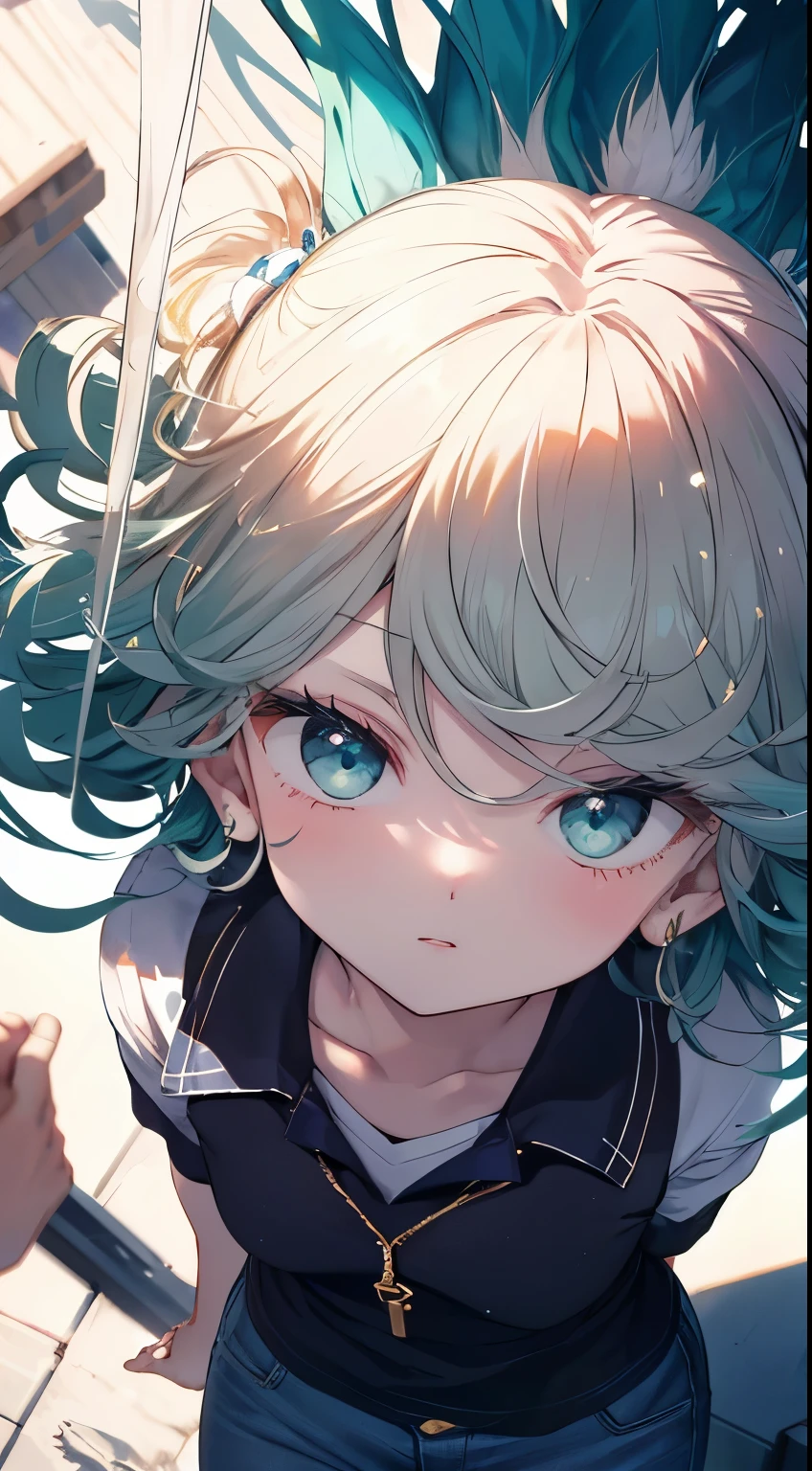 tatsumaki,An exquisite masterpiece,Best quality,Illustration style,Beautiful eyes,夏天,The white short-sleeved hem is blown by the wind,denim pant,small ,Heartwarming,Young and beautiful,heroic look,Black and white combination,Presents a natural casual style。Dynamic positions have a gold part,Large aperture portrait,Screen whitening,strong contrast of light and shadow,the texture is super strong,the picture is super clear and concise,Extremely beautiful,The temperament is elegant,Delicate facial expressions