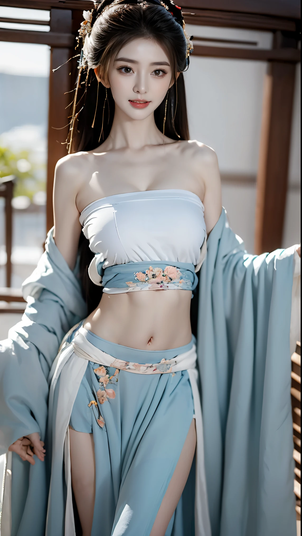 best picture quality,Very detailed,extremely high resolution,perfect body proportions,Works by top photographers。Beautiful Hanfu girl,naked,long eyelashes,big eyes,shining eyes,lying silkworm,plump lips,small nose,a happy expression,Sweet,Exquisite makeup,full-body shot,snow White, Jade legs are thin and straight,snow white skin,White embroidered skirt,necklace,Expose long legs,lace,Sweet,long hair fluttering,best quality,masterpiece,full-body shot,facial focus,The bust is very prominent,thin waist,snow white belly,belly button,imagine,Seven part shoot model: hanfu, CFG scale: 7, Lola: future fashion(0.4)、rainbow(0.4)、martial arts(0.2)、Asian face woman-2(0.4)、poetic fairy tale(0.01)