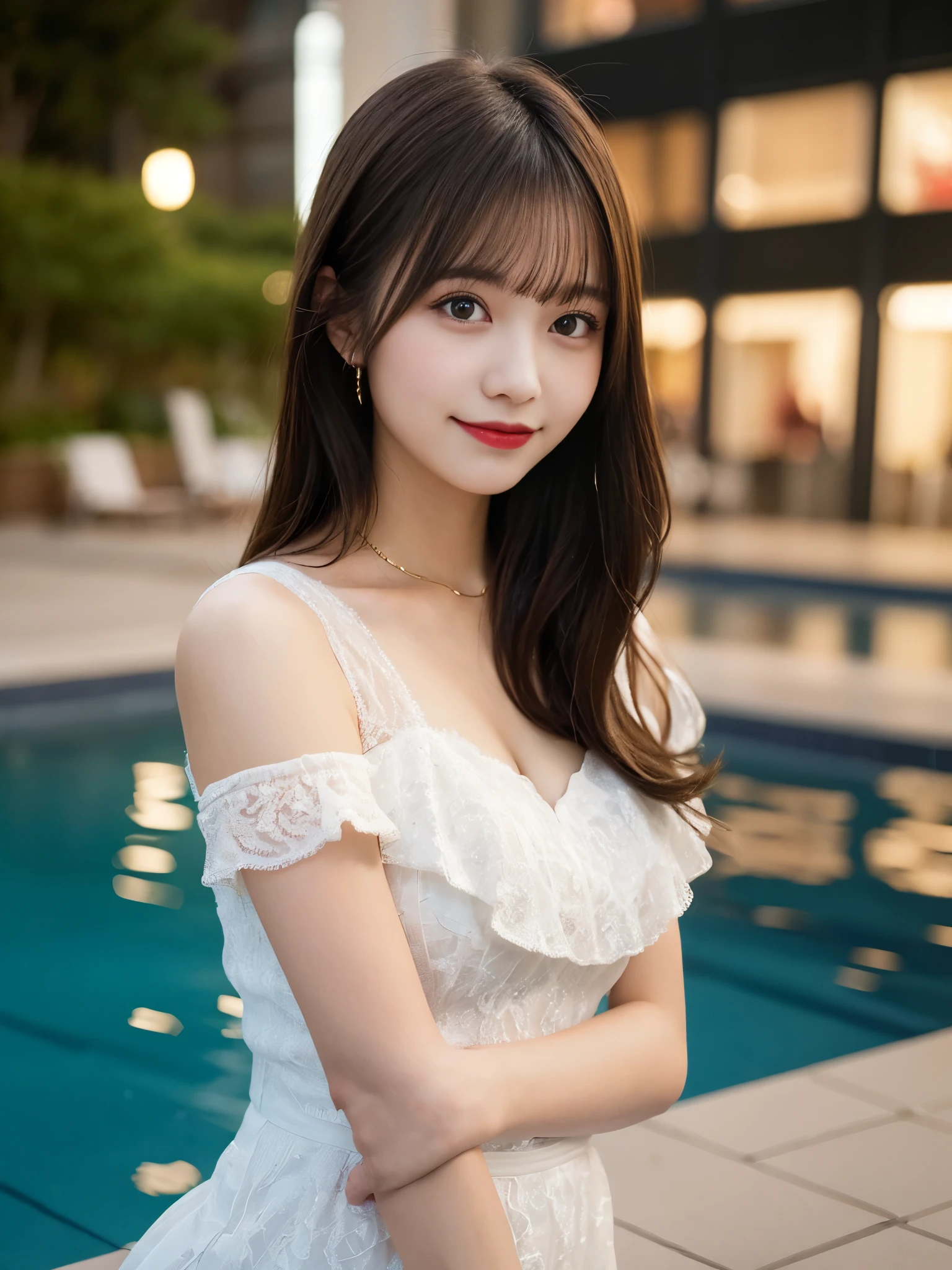 muste piece, best quality, illustration, Super detailed, fine details, High resolution, 8K Dende Wallpaper, perfect dynamic composition, beautiful detailed eyes, she is wearing a white dress,medium hair,natural color lip, shy smile,Harajuku style、20 year old girl、There is only one person, bust up photo、Correct posture、stretch your back、Never show your hands、Stand up straight、cute type、looking at camera、C Cup、golden hair、Don't touch it、Blurry night pool background