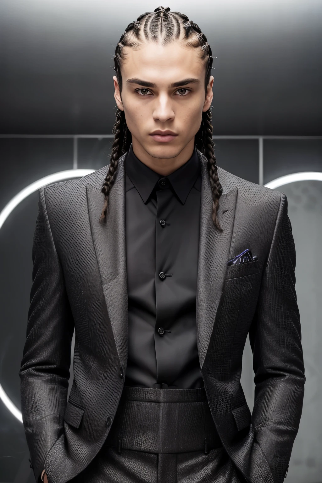 (RAW style, masterpiece, best quality, ultra-detailed), man with cornrow hairstyle, standing in front of mirrored surface, wearing black shirt and full suit, confident and powerful expression, well-lit room, cinematic light, high contrast, (realistic skin texture), sharp focus, (exquisite details), (masterpiece), (best quality:1.0), (ultra highres:1.0), meticulously crafted, intricately detailed cornrows, immaculate suit fabric, striking reflection.