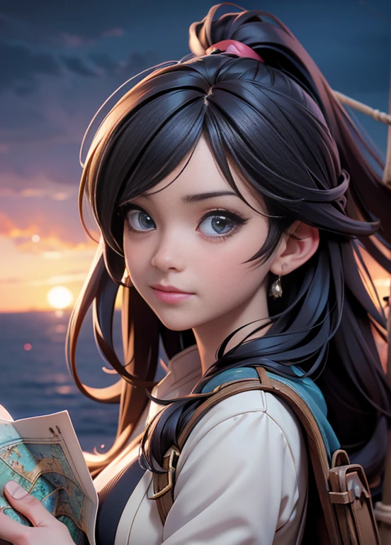 Ultra-realistic 8k CG, masterpiece, best quality, (photorealistic:1.4), absurdres, extremely detailed, realistic anime style, realistic anime style, realistic art style, kawaii realistic portrait, anime art style, anime styled digital art, Anime style. 8K, anime vibes, anime style portrait, anime realism style, realistic anime 3 d style, a pirate girl looking at a map on the table