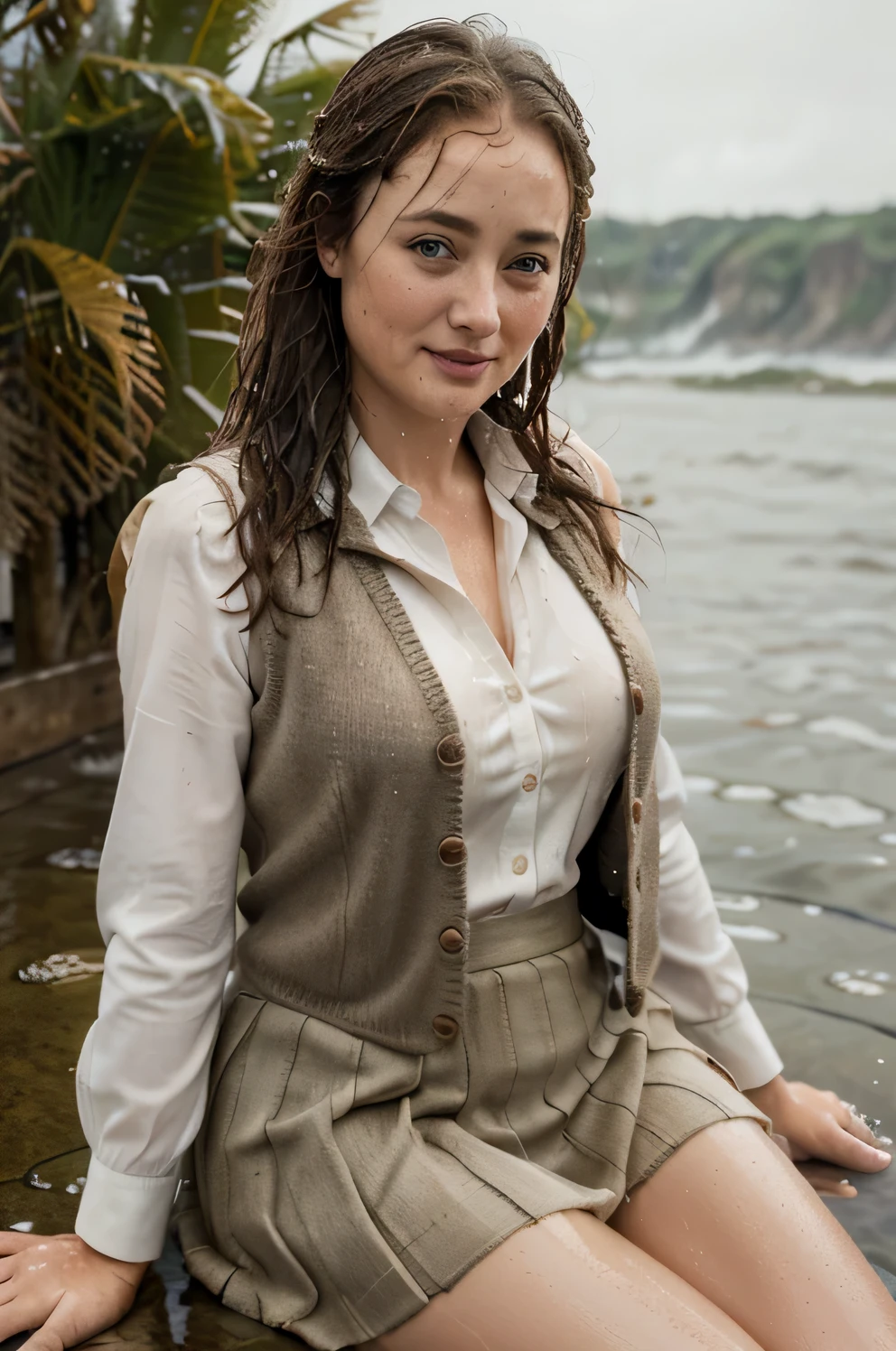 ((Jennifer Ehle)), in school uniform sitting in the water, at the rivet, reeds, long sleeves, (buttoned blouse), ((vest)), ((woollen skirt)), closeup fantasy with water magic, beautiful maiden, playful, (splashing) wearing a skirt made of water, cleavage, photorealistic, dripping wet, in water up to her shoulder, beautiful realistic photo, nymph in the water, hyperrealist portrait at seaside, hyperrealistic fantasy photo, splashing, erotic, cute shot, narrow depth of field, 8k, nsfw, ((drenched)), ((soaked)), (dripping water), dripping oil, heavy clothes, soaked in oil, wet all over, rouge lipstick, wet dripping hair, short brown hair, smiling, ((see through)), varied poses