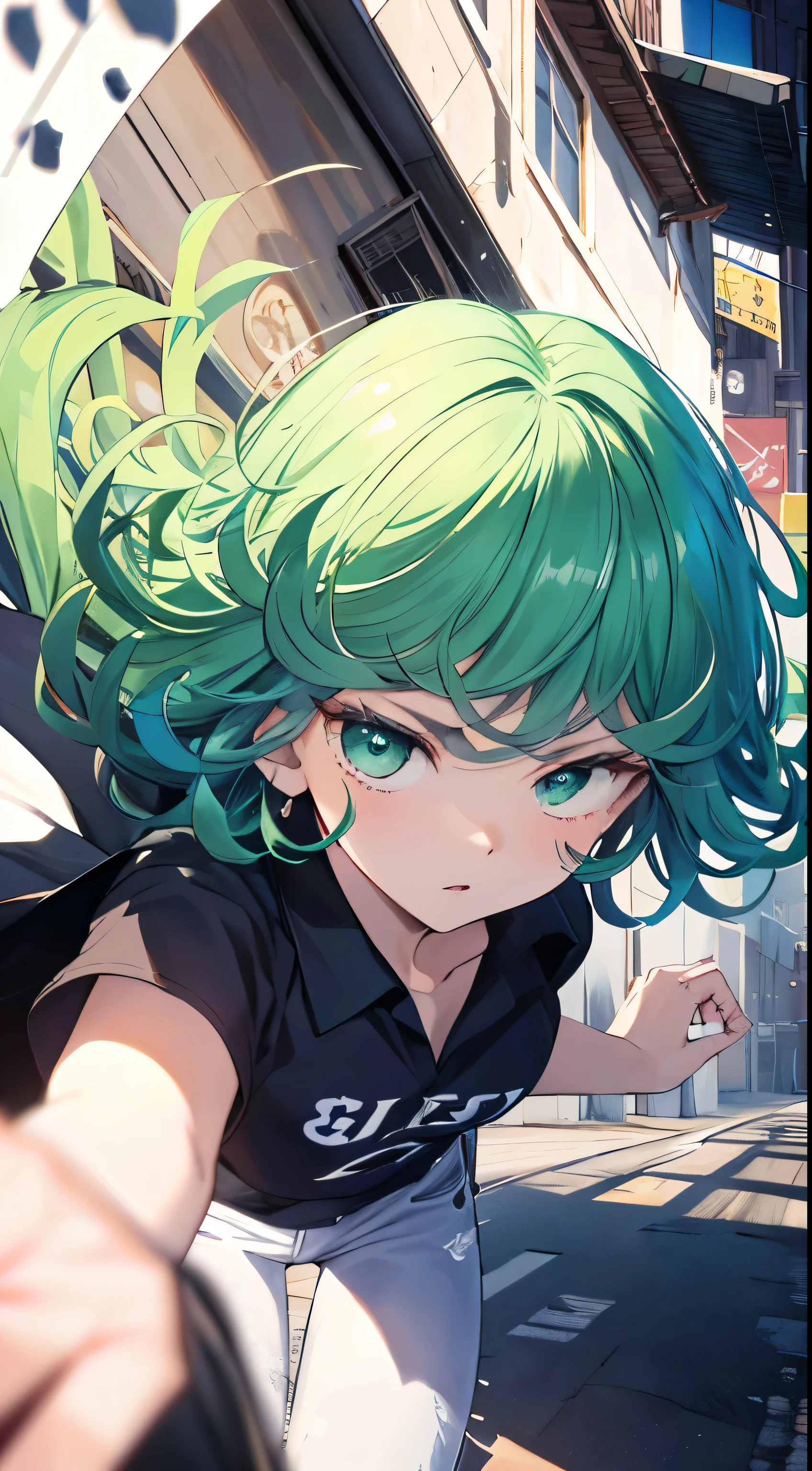 tatsumaki,An exquisite masterpiece,Best quality,Illustration style,Beautiful eyes,夏天,The white short-sleeved hem is blown by the wind,denim pant,small ,Heartwarming,Young and beautiful,heroic look,Black and white combination,Presents a natural casual style。Dynamic positions have a gold part,Large aperture portrait,Screen whitening,strong contrast of light and shadow,the texture is super strong,the picture is super clear and concise,Extremely beautiful,The temperament is elegant,Delicate facial expressions
