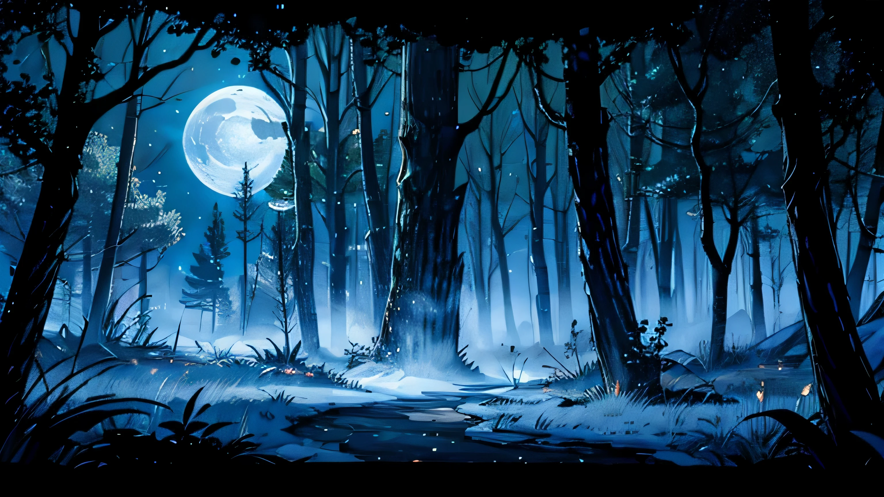 A bright lamp coming from inside a forest, tall dense trees in a dark environment with moonlight in the sky.