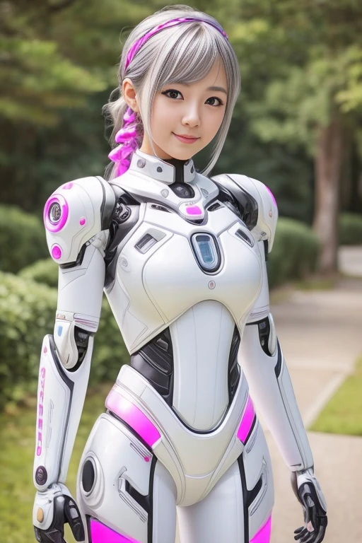 (highest quality, High resolution, masterpiece:1.2), Super detailed, realistic:1.37, (perfect anatomy), cowboy shot,1 girl, whole body, Cute and beautiful 22 year old Japanese woman, Kawaii Robot, Are standing, 　beautiful eyes, beautiful skin, detailed facial features, complicated hair, detailed costume, beautiful lips,　Cute white and pink biorobot suit and boots with futuristic design details.,　metal necklace, natural makeup,,has silver hair tied up，cute pose, smile, 　cyber lab