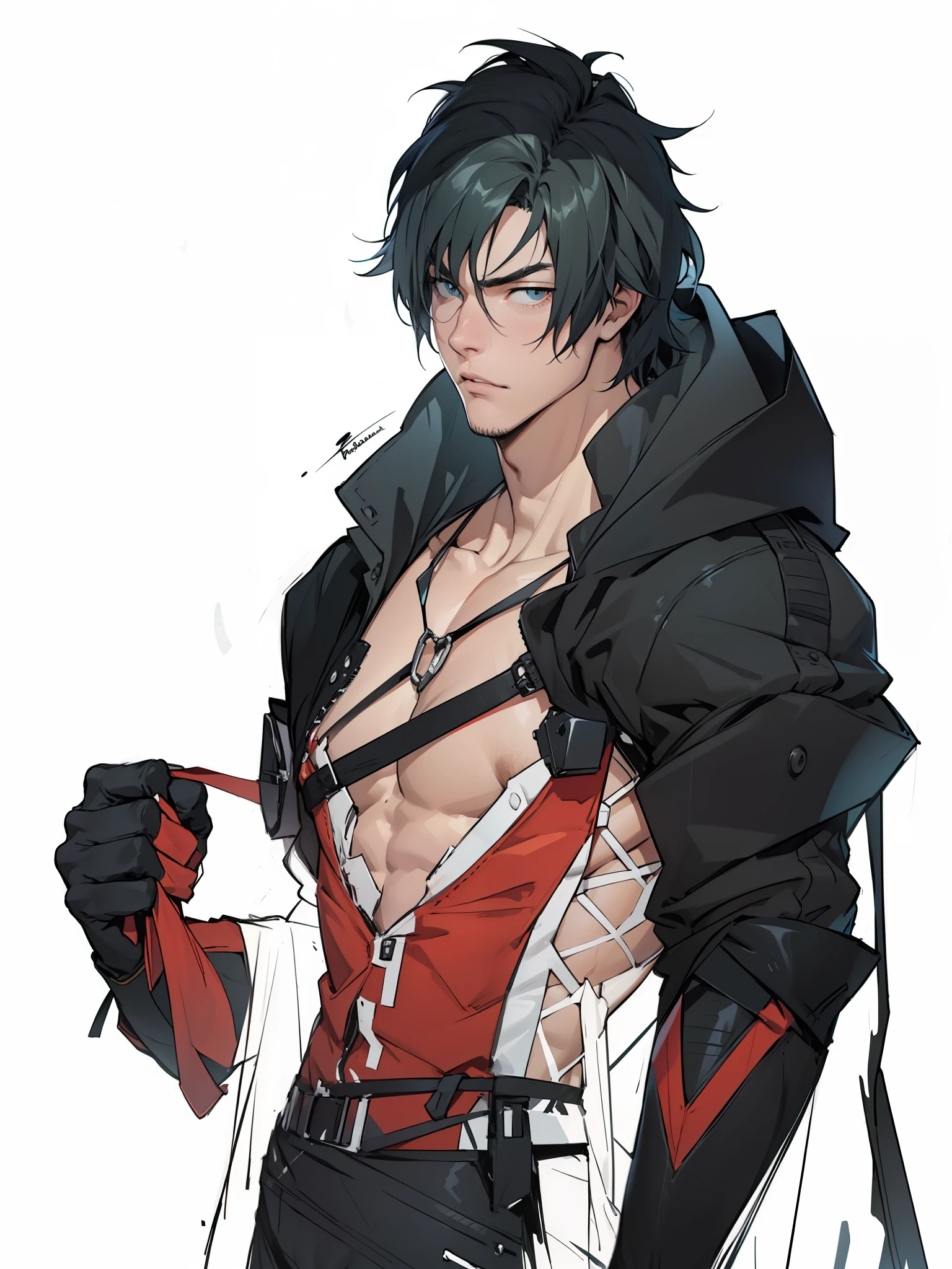 (absurdos, Altas Resoluciones, Ultra detallado, HDR), Obra maestra, nsfw, La mejor calidad, final fantasy xvi, clive rosfield, 1hombre solamente, guapo, pelo corto, cabello negro, Ojos azules vibrantes, ojos finos y cara detalladas). Final Fantasy, clive rosfield,, abs, badass pose, Chico de anime desabrochandose camisa, pose sexy, Anime hombre guapo, Personaje masculino de anime, Badass Anime 8K, Arte detallado del personaje de anime, WLOP, Takahashi Kazuya, tetsuya nomura, takeshi obata