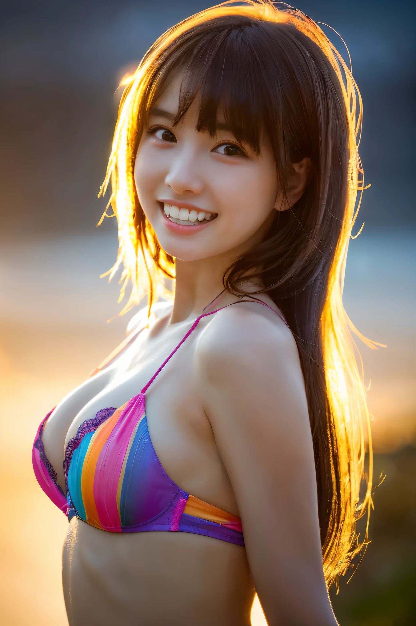 8K, (超realistic: 1.35), (realistic: 1.4), one beautiful japanese girl, smile, one person, light makeup, masterpiece, 超High resolution, High resolution, one person, sexy underwear or micro bikini、 puberty, one personの少女, ((perfect body)), ((best image quality)), ((time)), ((very delicate and beautiful)), ((Very shallow depth of field)), nffsw, ((incredibly shallow depth of field. Familiar)), (((very delicate and beautiful))), (((Very shallow depth of field))), nffsw, (((incredibly absurd))), (((perfect body))), (((look at the camera)))), (((normal size breasts))), (((serious face))), (((Hair can be long or short))), myself+background, dynamic angle, female focus, {particles of light}、 詳細なbackground、((paul hedley))、soft lighting、(dramatic)sunset、sunset、とても美しいsunset、live action、genuine、top angle、かわいいsmile、(backgroundぼかし)、18-year-old、thin、((Wind))、((movement))、((emotion))、((colorful))、(())、((beautiful teeth))、穏やかな海のbackground。
