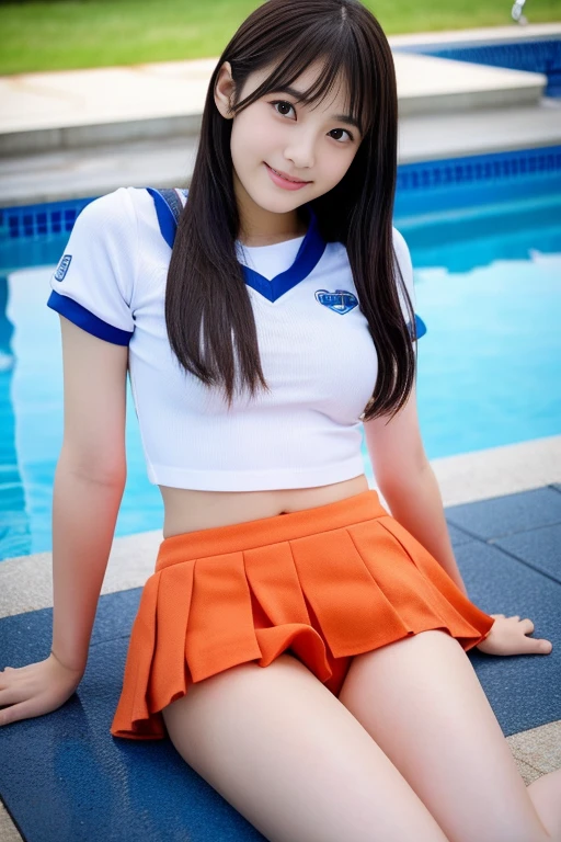 ((highest quality)), ((masterpiece)),  real Japanese beautiful girl idol high school student、Cher、No sleeve、beautiful thighs、beautiful small breasts、sit alone&#39; Poolside、40cm miniskirt above the knee、aphrodisiac、horizontal angle、Sweaty beautiful skin、A streak in the crotch、Excited、visible nipple, camel toe, Hold the back of the knee、Normal position