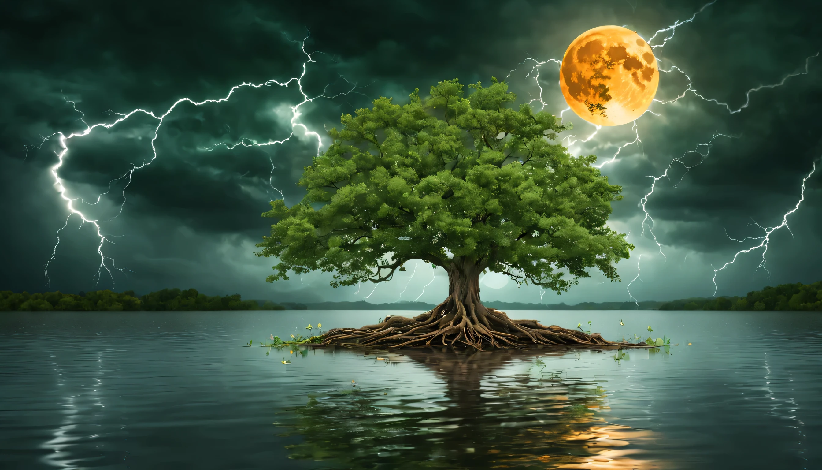 celtic tree of life centered in a calm lake, dark green leaves, visible roots, flowers in water, summer, orange full moon, stormy sky with lightning veins, small full moon illuminating a bright night, summer, best quality, high resolution, ultra-detailed, ultra realistic, vivid, dramatic lightning