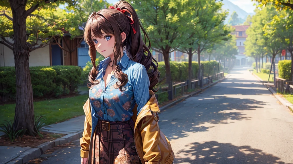 1girl, full body, solo, village, trees, brown hair, long hair, curly hair, ponytail, large breasts, button down shirt, ((blue floral pattern shirt)), ((unbuttoned shirt)), blue eyes, ((opened brown zipper jacket)), leather jacket, red and black checked skirt, laugh, looking at the viewer, standng, hair ribbon, golden necklate