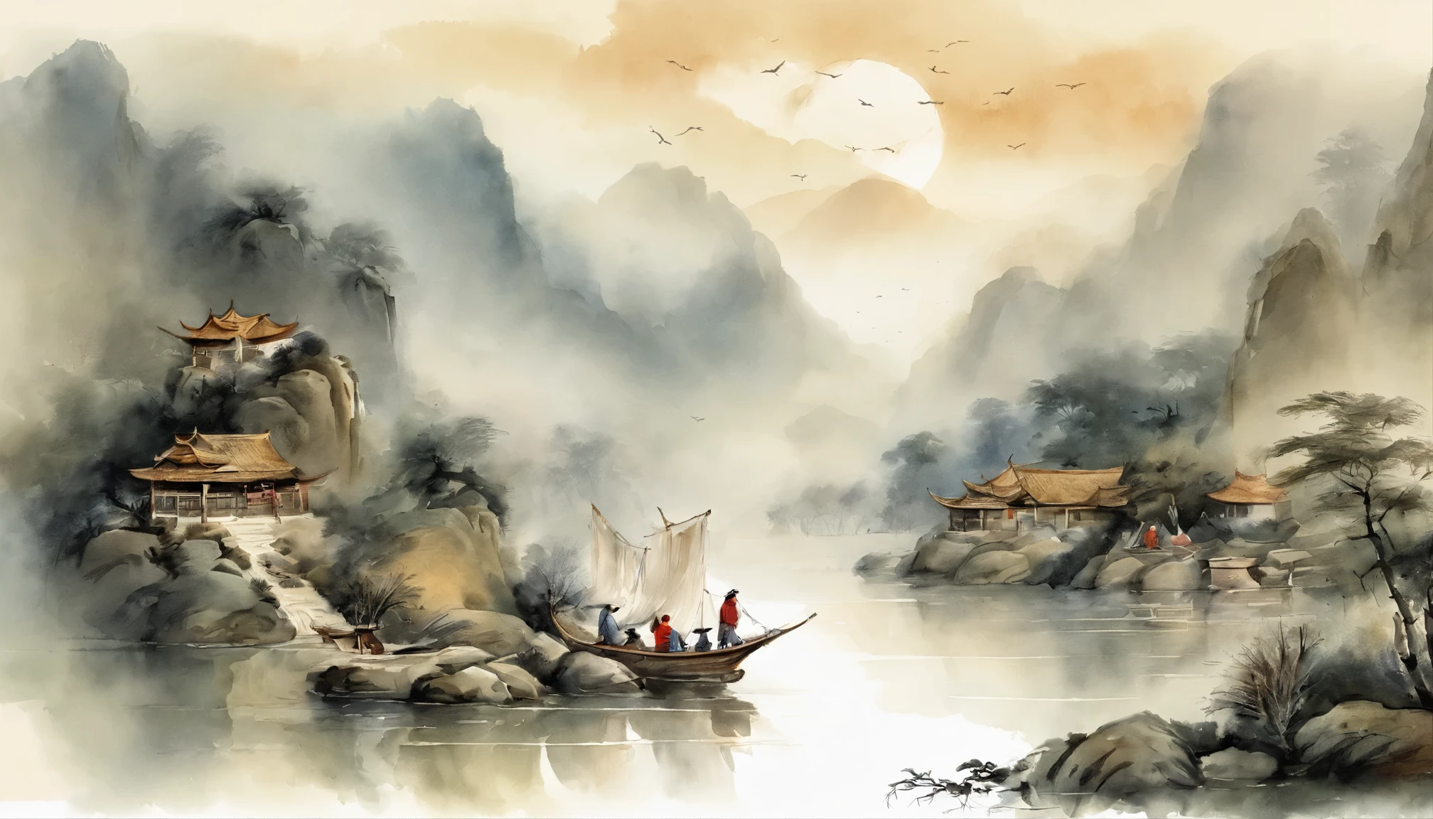 Chinese landscape painting,ink and watercolor painting,water ink,ink,Smudge,Faraway view,Ultra-wide viewing angle,Meticulous,Light boat in the distance,Faraway view,Meticulous,Smudge,low-saturation,Low contrast,The light boat has crossed the Ten Thousand Heavy Mountains,Beautifully depicted,A detailed,acurate,Works of masters,tmasterpiece