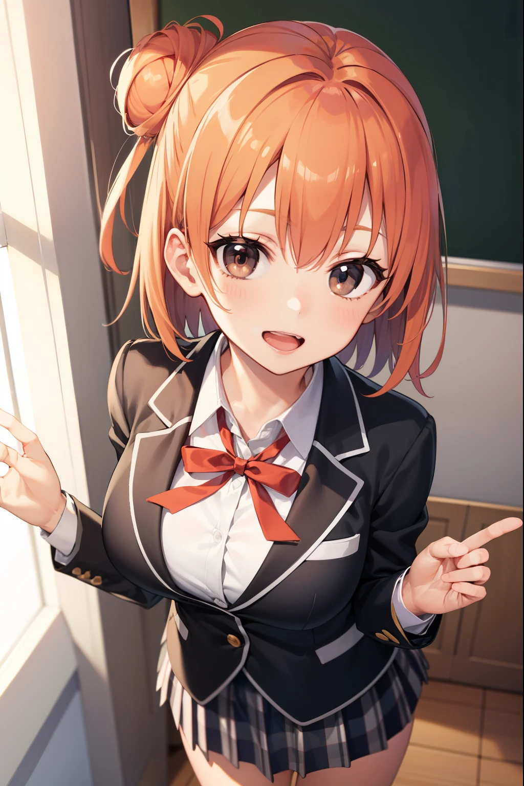 Yuigahama Yui, short hair, (brown eyes), (orange hair), single bun hair,
break 1girl, shirt, ribbon, school uniform, Jacket, white shirt, black Jacket, blazer, sobu high school uniform,
break looking at viewer,
break (masterpiece:1.2), highest quality, High resolution, unity 8k wallpaper, (beautiful and fine eyes), highly detailed face, perfect lighting, Very detailed CG, (perfect hands, perfect anatomy),
embarrassed, (blush:1.2), open mouth,
(large breasts:1.2),
classroom,
focus breasts,
from above, upper eyes,
head down and looking down,