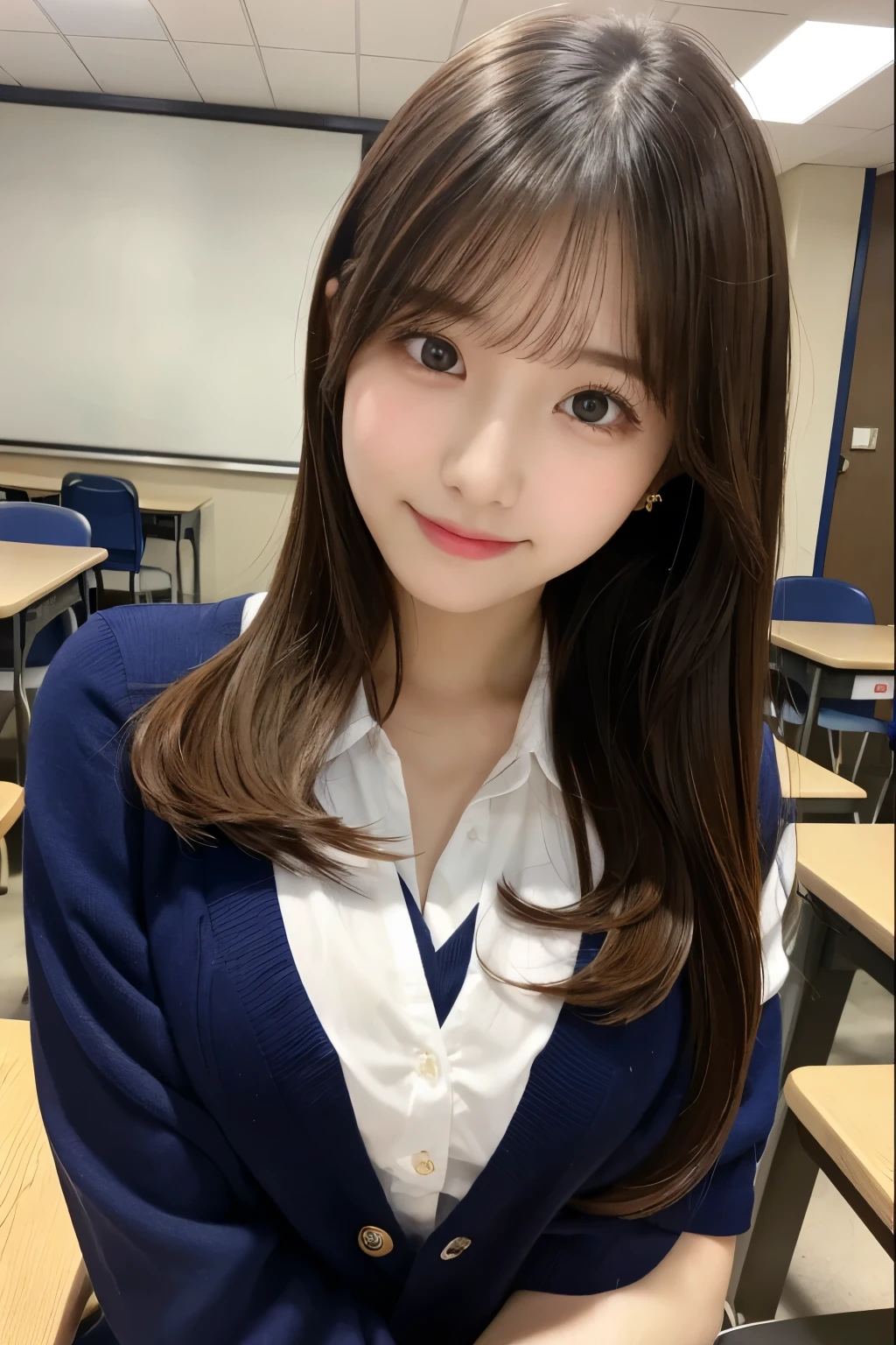 table top, highest quality, figure, super detailed, finely, High resolution, 8k wallpaper, 完璧なダイナミックな構figure, beautiful and fine eyes, She wears a school uniform,medium hair,natural color lip, bold sexy pose,smile,Harajuku、20 year old girl、cute、sexy shot looking at camera、C cup、brown hair、cacique#39;face、Blurred classroom background、Studying、Her Perspective